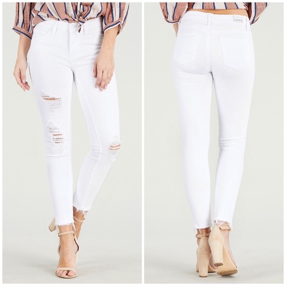 White Mid Rise Destroyed Hem Cropped Skinny Jeans - Picture 1 of 4